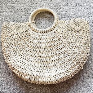 Lulu Dharma Half Moon Straw Tote Bag Natural Top Handle Beach Casual Fabric Line